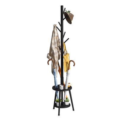FILWH Freestanding Coat Rack with Umbrella Organizer Tray Bamboo Coat Tree Rack with 8 Hook Stand for Clothes Bag Hats Entryway Hanger Stand(Black)