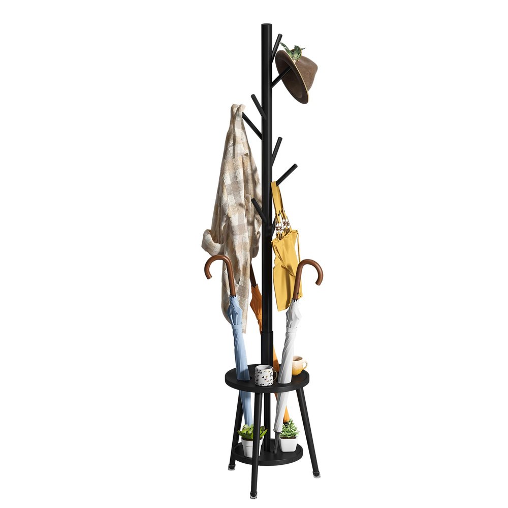 FILWH Freestanding Coat Rack with Umbrella Organizer Tray Bamboo Coat Tree Rack with 8 Hook Stand for Clothes Bag Hats Entryway Hanger Stand(Black)