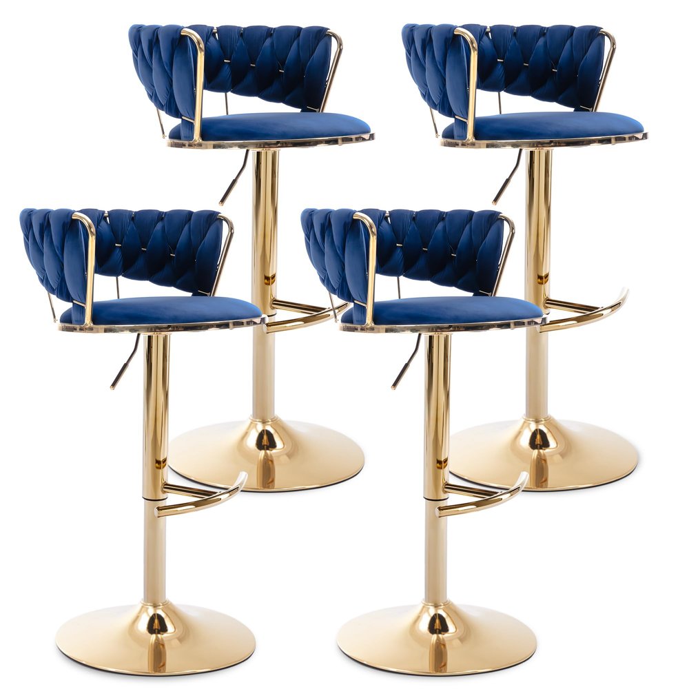Haplized Velvet Barstool Set of 4, Swivel Bar Stools with Golden Metal Base, Modern Counter Height Barstools for Kitchen, Pub, Cafe, Dining Room (Blue)