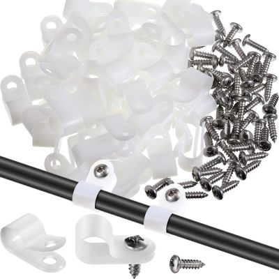 Hicarer 50 Pack R-Type Cable Clip Wire Clamp, Nylon Screw Mounting Cord Fastener Clips with 50 Pack Screws for Wire Management (White,3/8Inch)
