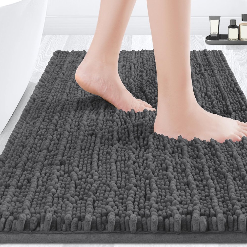 ACCUMTEK Upgrade Luxury Grey Bathroom Rug Mat Gray 36"x24", Ultra Soft Thick Absorbent Bath Mats, Non Slip Chenille Toilet Mat for Bathroom, Bedroom, Kitchen, Shower, Tub, Charcoal