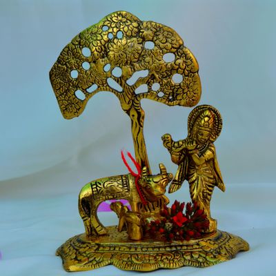 craftslook Lord Krishna Statue 6 Inch | Hindu God Idol with Flute, Cow & Calf | Spiritual Home Decor for Pooja, Temple & Office Desk | Indian Gift for Housewarming & Festivals