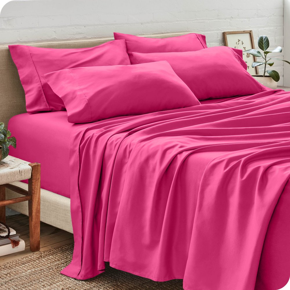 6-Pcs Bed Sheet Set- 800 TC-100% Breathable Cotton Hot Pink Twin XL-Size Bedding Set-Single Ply Long-Staple Yarns-1-Fitted Sheet-1-Flat Sheet With 4-Pillowcase-Easy Fits Upto 12" Deep Pocket