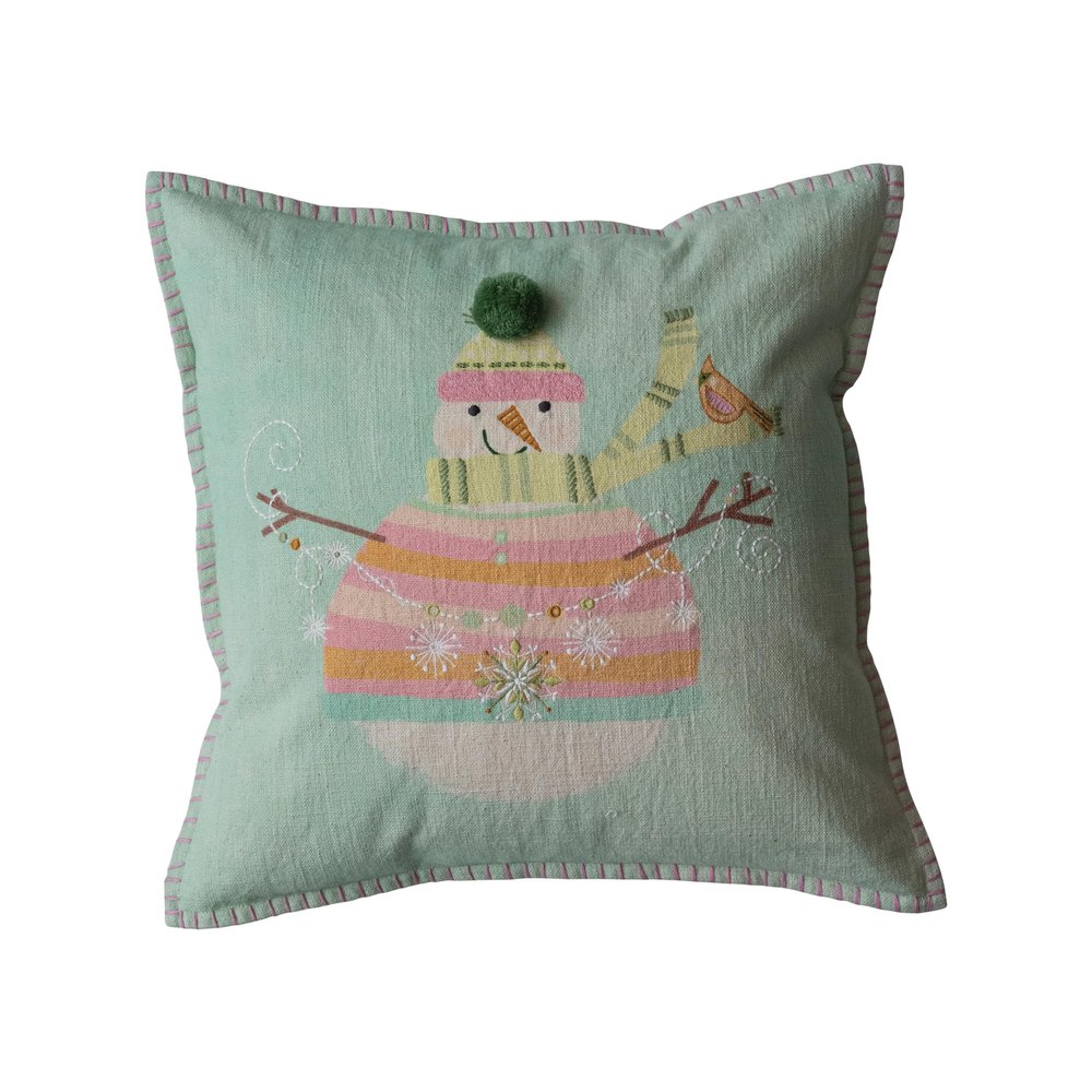 Creative Co-Op Square Cotton Printed Pillow with Snowman, Pom Pom, Hand-Embroidery and Blanket Stitch Edge, Multicolor
