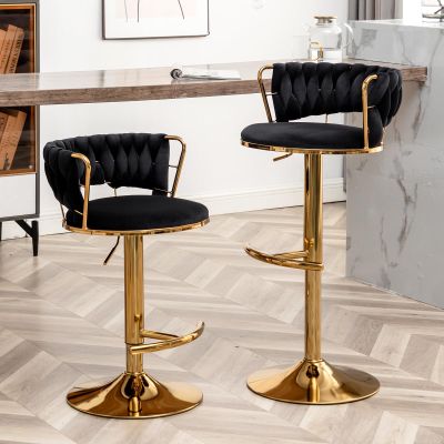 Canxkun Gold Bar Stools Set of 2, Counter Height Bar Stools with Low Back, Velvet Adjustable Height Barstools, 360 Swivel Bar Stools for Kitchen Island, Pub (Black)