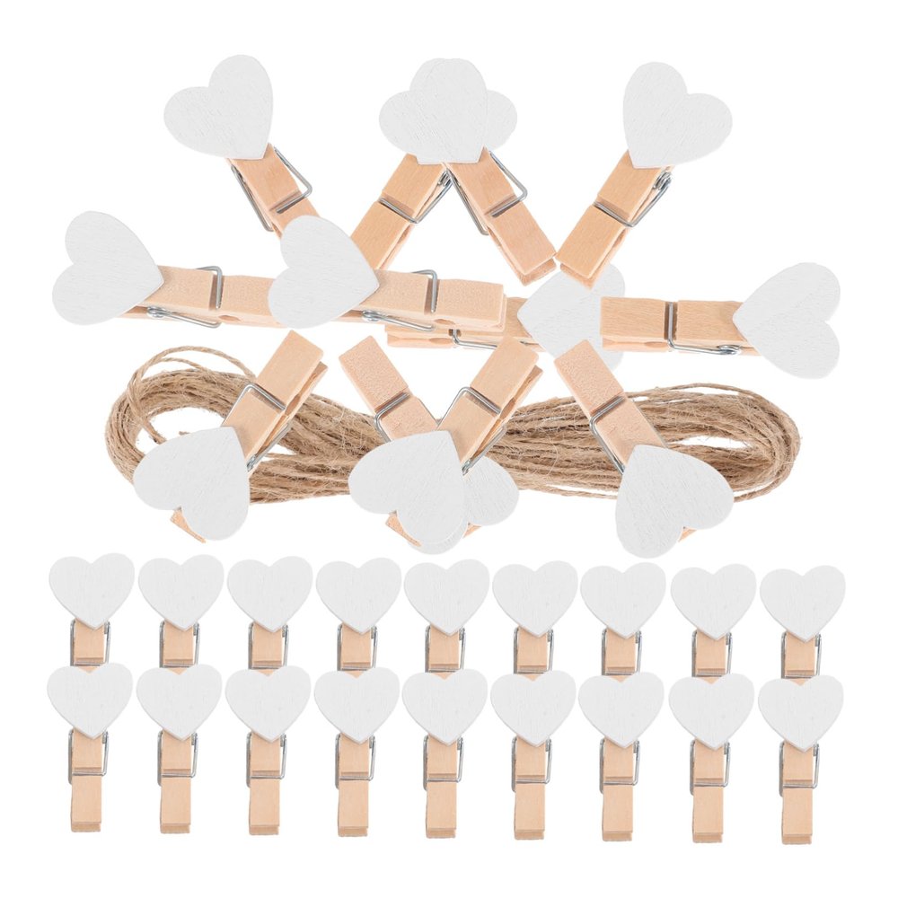 PRETYZOOM Heart-Shaped Wooden Photo Paper Clips Natural Jute String Clothespins for Photo Display Pegs for for Party Decorations