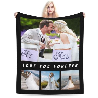 DYAGSIO Custom Blanket with Text Picture Collage Personalized with Name Logo Text Photos Throw Blankets, Birthday Christmas Wedding Personalized Gifts for Mom Dad Friends, 4 Photos