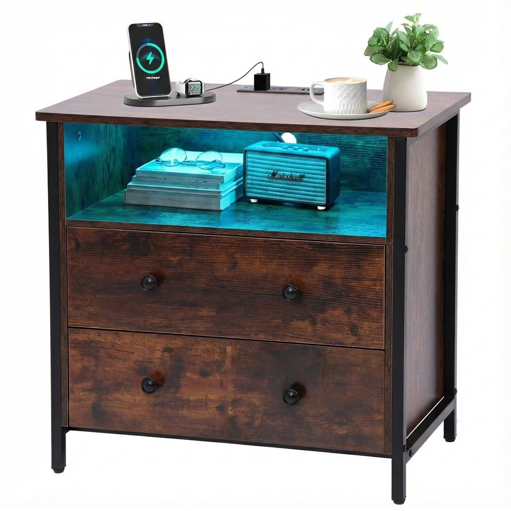 Tykacna 27 Inch Wide Night Stand, Large Wood Night Stand with 2 Drawers, LED Nightstand with Charging Station and Adjustable Drawer, Bedside Table for Living Room/Bedroom/Study/Office, Retro.