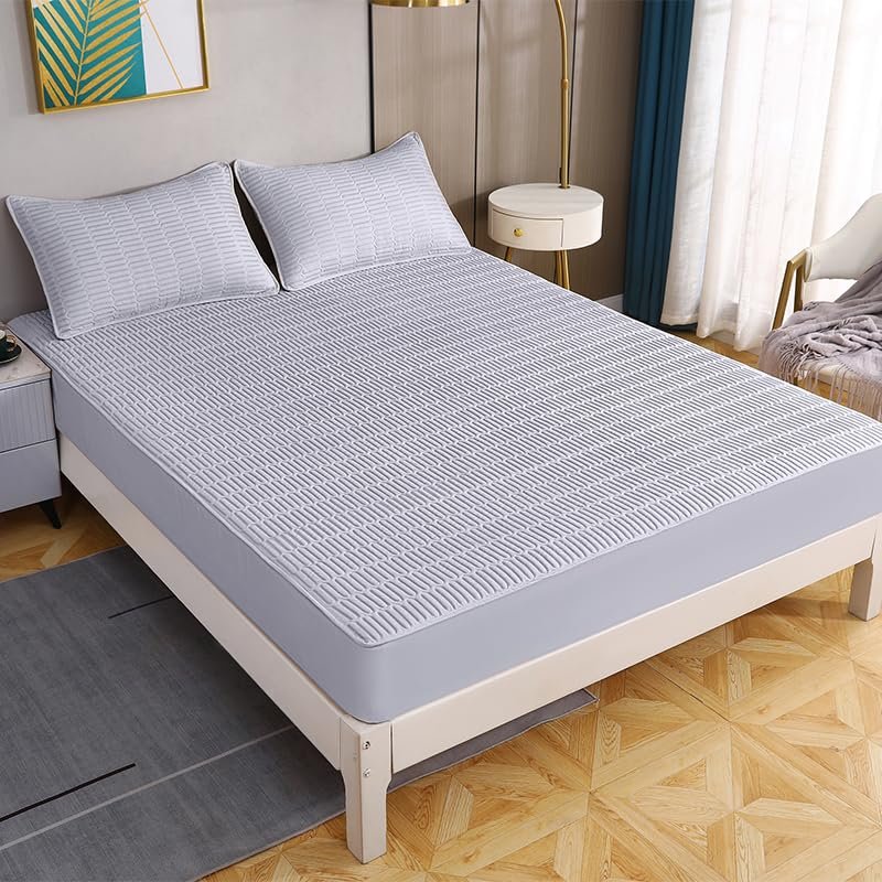 Hotel Quality Fitted Sheet,Solid Color Thickened Quilted Waterproof Fitted Sheet, Children's Room Cartoon Printed Deep Pocket Bed Sheet,Grey 3,150cmx190cm (3pcs)