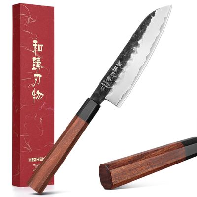 HEZHEN 5.5 Inches Santoku Knife, Three-layer Clad Steel, Professional small Japanese Chef Knife, Ultra Sharp Blade, Red Wood Octagonal Handle