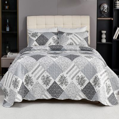 Cmfshape Summer Floral King Bedspread,Romantic Grey Quilt Set King,Reversible Stitched Bedding Set All Season,Soft Lightweight Coverlet with Pillow Cases (Dark Grey, King102 x90)