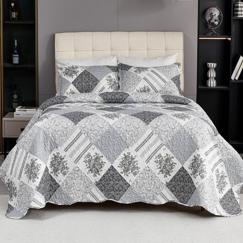 Cmfshape Summer Floral King Bedspread,Romantic Grey Quilt Set King,Reversible Stitched Bedding Set All Season,Soft Lightweight Coverlet with Pillow Cases (Dark Grey, King102 x90)