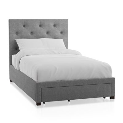 Furniture of America Cuest Fabric Upholstered Twin-Size Platform Bed with Storage Drawer, Button Tufted Headboard, Mattress Ready, No Box Spring Required for Bedroom, Guest Room, Gray
