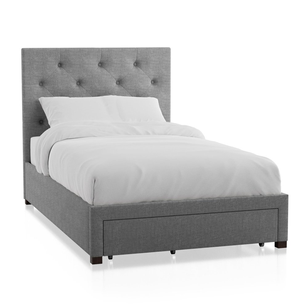 Furniture of America Cuest Fabric Upholstered Twin-Size Platform Bed with Storage Drawer, Button Tufted Headboard, Mattress Ready, No Box Spring Required for Bedroom, Guest Room, Gray