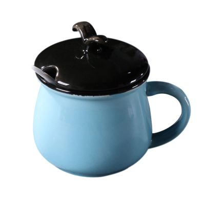 Tea coffee sugar canisters, European Solid Color Sugar Bowl with Lid, Cute Storage Jar, Porcelain Sugar Pot with Spoon, Small Salt Pot, for Coffee Bar, Restaurant-Pink-Black lid ( Color : Blue )