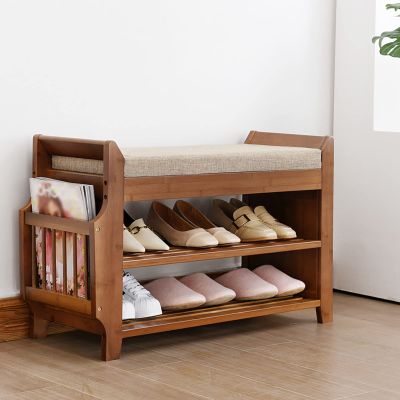 Bamboo Cushion Storage Shelf with Soft Seat Shoe Bench Shoe Rack Organizer for Hallway, Entryway, Living Room, Bedroom, Balcony(3 Tiers-30.9 * 19.49 * 11.61in)