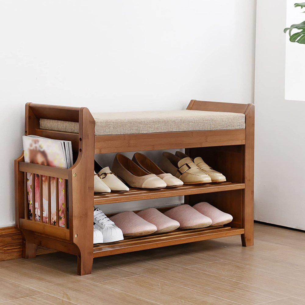 Bamboo Cushion Storage Shelf with Soft Seat Shoe Bench Shoe Rack Organizer for Hallway, Entryway, Living Room, Bedroom, Balcony(3 Tiers-30.9 * 19.49 * 11.61in)