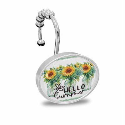 Summer Shower Curtain Hooks, Floral Sunflowers Watercolor Style 12PCS Shower Curtain Hooks Rings for Bathroom Stainless Steel Rust Resistant Shower Curtain Hangers