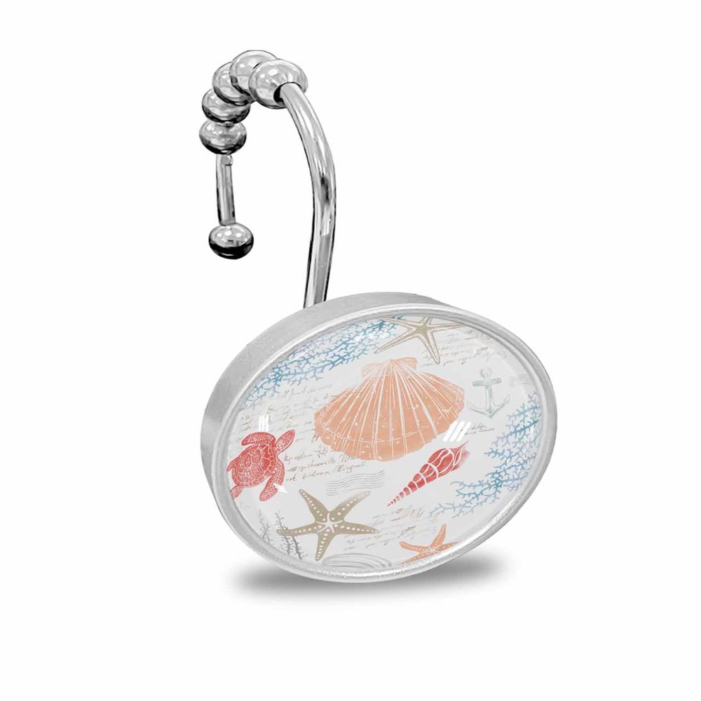 Ocean Shower Curtain Hooks, Summer Retro Turtle Starfish Shell Orange Blue 12PCS Shower Curtain Hooks Rings for Bathroom Stainless Steel Rust Resistant Shower Curtain Hangers