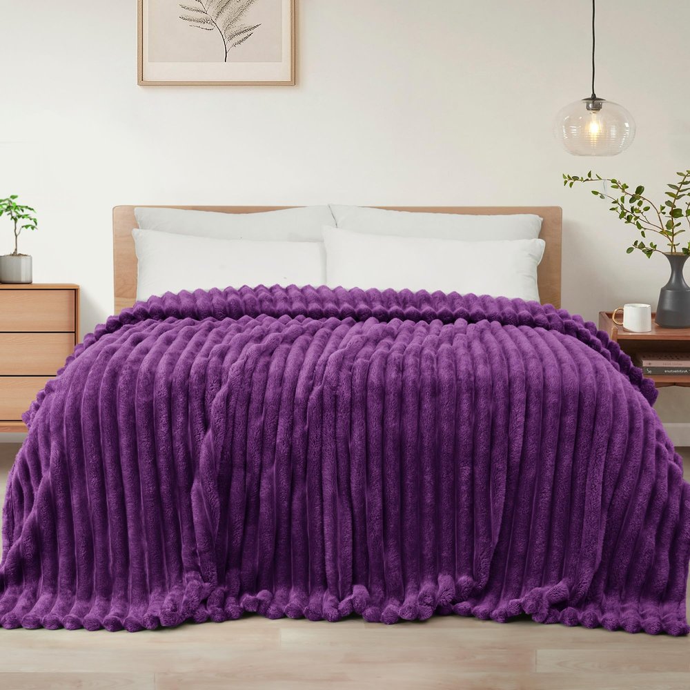 Exclusivo Mezcla King Size Flannel Fleece Blanket, Super Soft Striped Jacquard Bed Blanket, Lightweight Fuzzy Cozy for All Seasons, 90x104 Inches, Purple