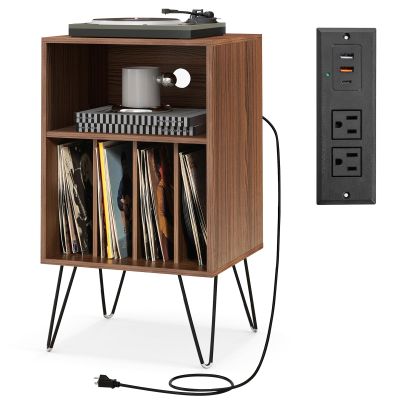 LOKO 3-Tier Record Player Stand, Turntable Stand with Charging Station, Vinyl Record Storage Table with Shelf & 4 Dividers, Turntable Display Shelf for Living Room, Bedroom (Walnut)
