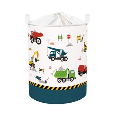 Clastyle Large Construction Truck Kid Laundry Hamper with Handle Boy Bedroom Bathroom Nursery Collapsible Clothes Toy Storage Basket with Lid, Blue Vehicle, 40x50 cm