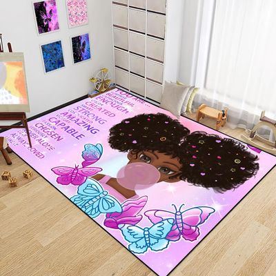 African Black Girl Rugs for Girls Bedroom Living Room Kids Rugs for Bedroom Girls Room Decor Soft Carpets Cute Princess with Purple Butterfly Floor Mats, 3'4'