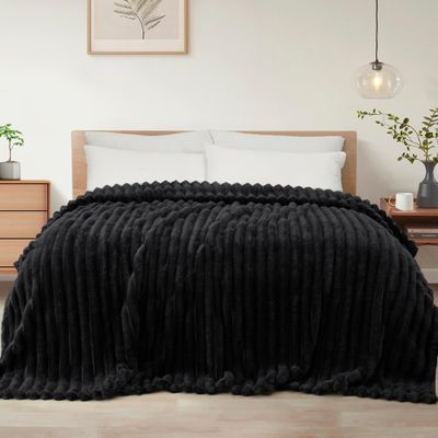 Exclusivo Mezcla Twin Size Flannel Fleece Blanket, Super Soft Striped Jacquard Bed Blanket, Lightweight Fuzzy Cozy for All Seasons, 60x80 Inches, Black