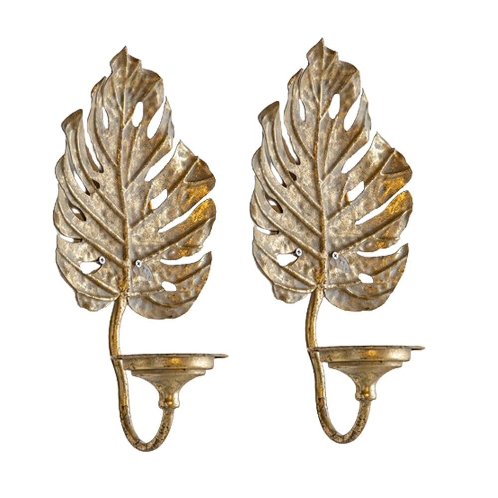 JILIP Metal Leaf Wall Sconces Candle Holder, Metal Wall Candle Holder Hanging Candle Sconce, Set of 2 Gold Leaf Shape Candle Sconce Holder (Size : C)
