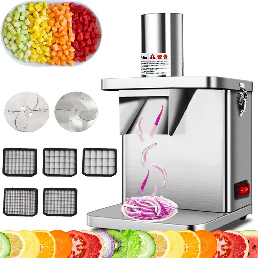 Commercial Vegetable Fruit Chopper 250W Electric Veggie Dicer Potato Slicer Onion Shredder Machine, Automatic Vegetable Cutter Food Processor with 5 Knife Nets and Slicer&shredder Blade