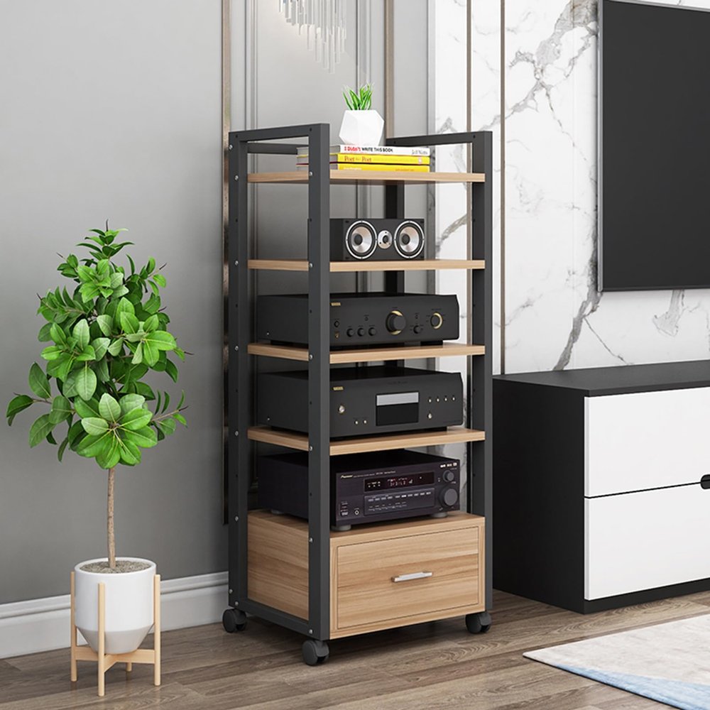 5-Tier Movable Audio Tower AV Media Stand CD Player Stand Stereo Component Storage Cabinet and Open Media Center with Height Adjustable Wooden Shelf and Drawer for Home/Office/Theater ( Color : B , Si