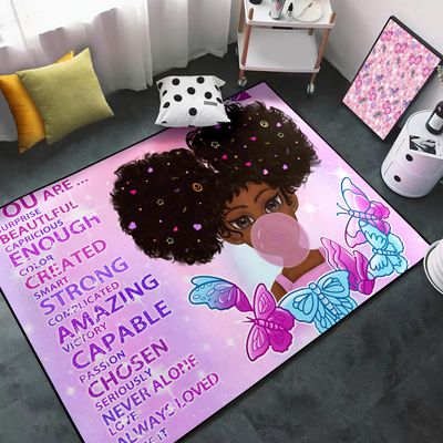 African Black Girl Rugs for Girls Bedroom Living Room Kids Rugs for Bedroom Girls Room Decor Soft Carpets Cute Princess with Purple Butterfly Floor Mats, 3'5'