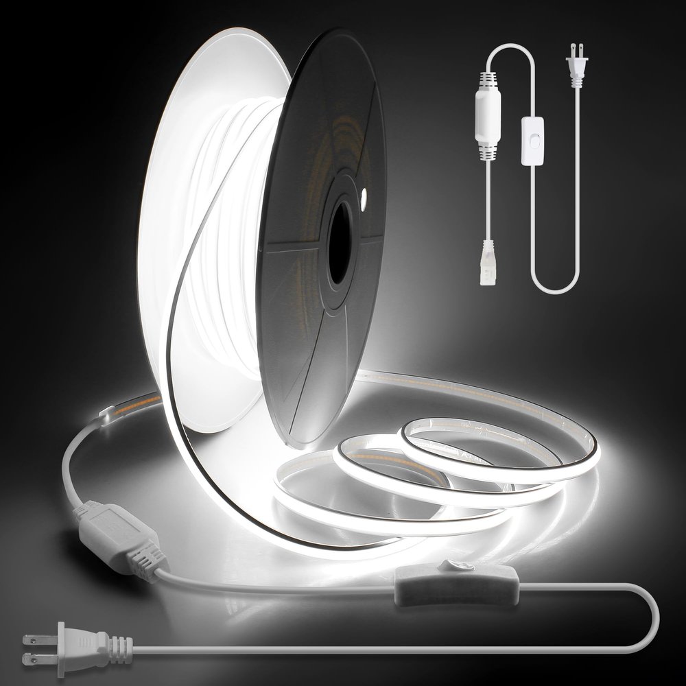 Aclorol 150FT Outdoor White LED Strip Lights Waterproof AC 110V 120V IP68 COB LED Rope Light for Outside with Self-Adhesive for Patio Yards Garden Lighting Decoration Cold White 6000K