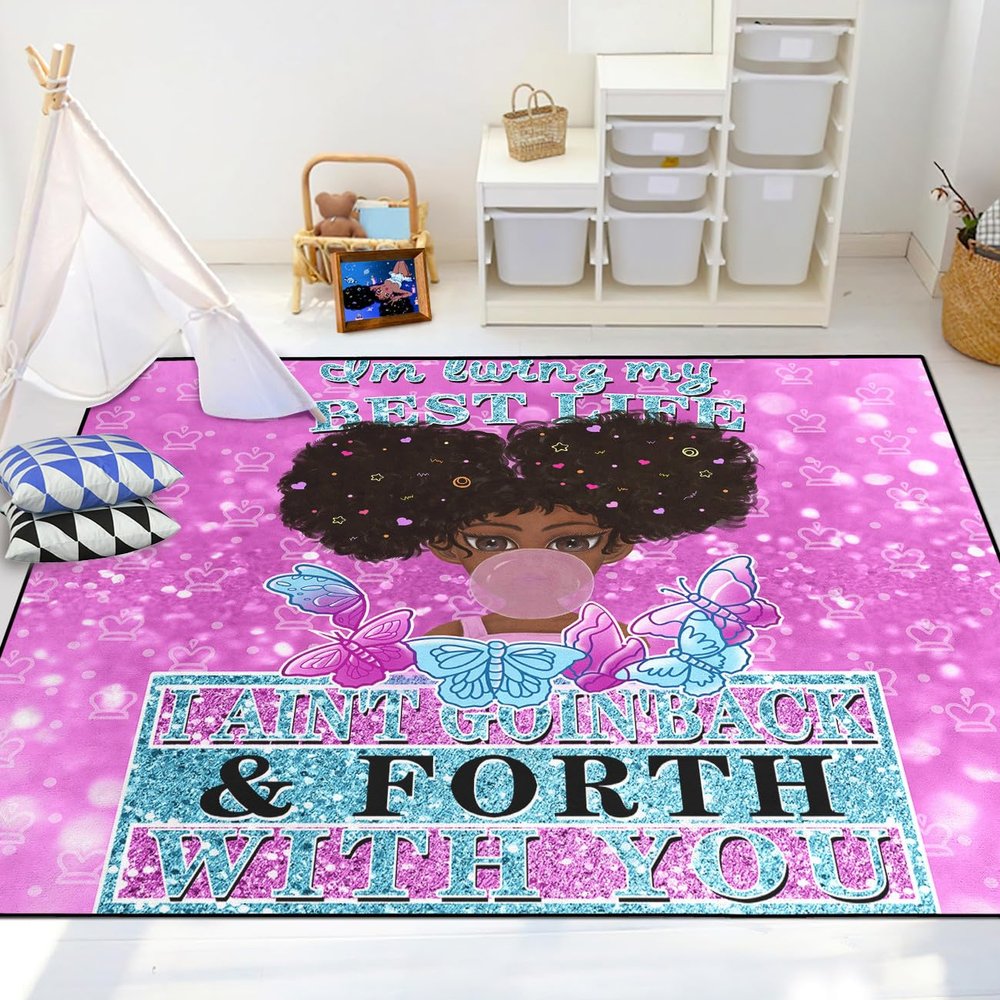 FJKJHKGJ African Black Girl Rugs for Bedroom Living Room Cute Black Girl Blow Bubble Gum Area Rug for Girls Kids Room Art Fashion Floor Mat Decor, 2'5''4'