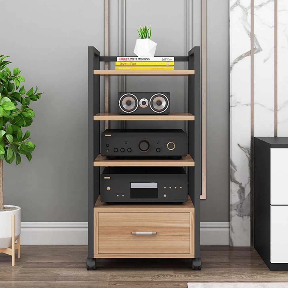 4 Tier Audio-Video Media Stand with Height Adjustable Wooden Shelf, Modern AV Cabinet with Storage Drawer for Entertainment Stereo Components, Sturdy Audio Rack Tower for Home/Office/Theater ( Size :