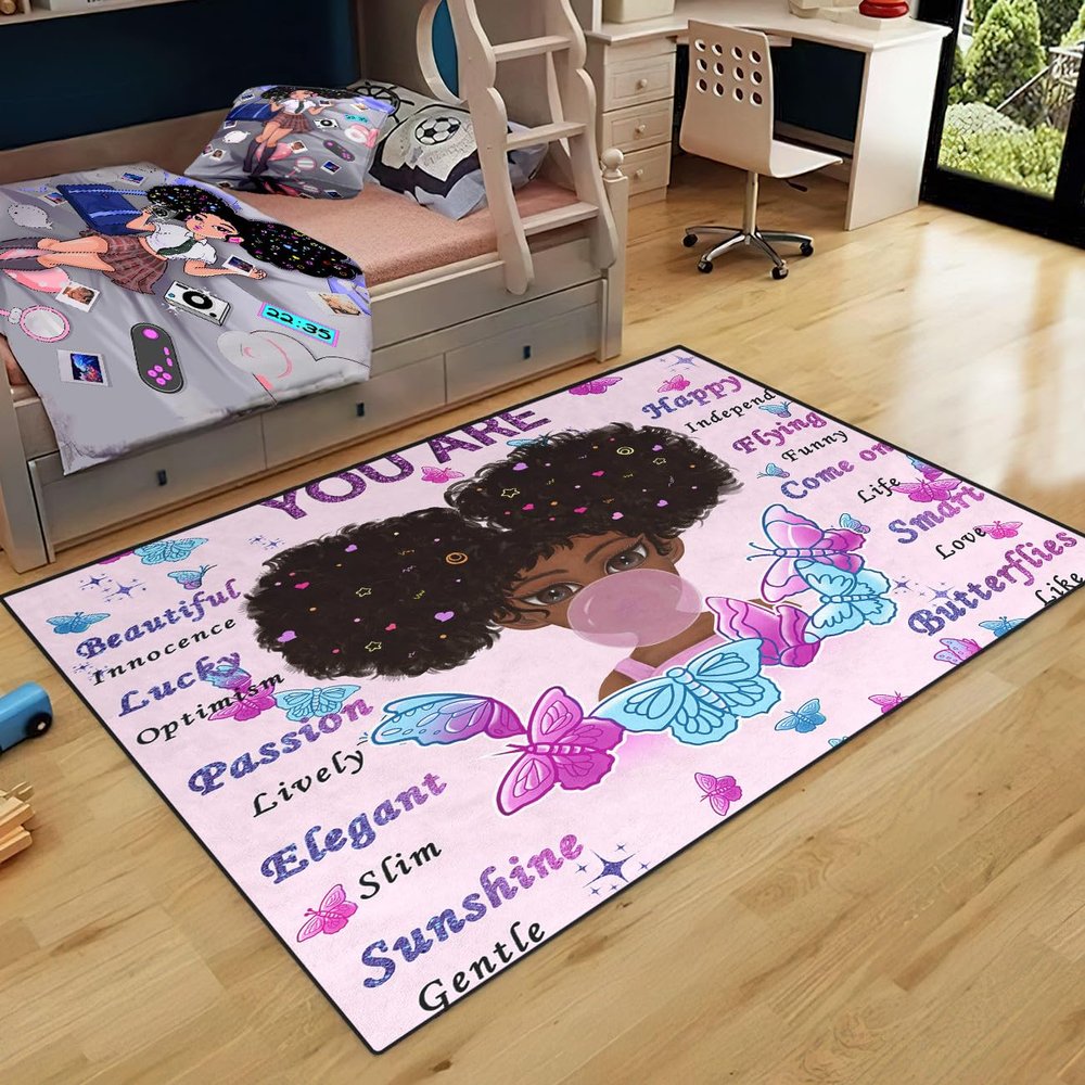 Black Girl Rugs, African Black Girls Carpets for Bedroom Living Room Kids Rugs for Bedroom Girls Room Decor Cute Princess Butterfly Rug Soft Floor Yoga Mats, 3'5'