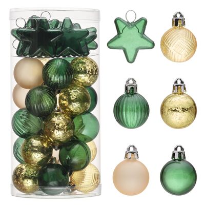 DecorbyHannah Mini Christmas Tree Ornaments, 35ct 1.18inches Green Gold Christmas Ball Ornaments for Tree Decorations, Small Clear Shatterproof Plastic Hanging Balls Bulk for Xmas, Party, Wedding