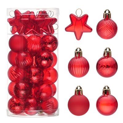 DecorbyHannah Mini Christmas Tree Ornaments, 35ct 1.18inches Red Christmas Ball Ornaments for Tree Decorations, Small Clear Shatterproof Plastic Hanging Balls Bulk for Xmas, Party, Wedding