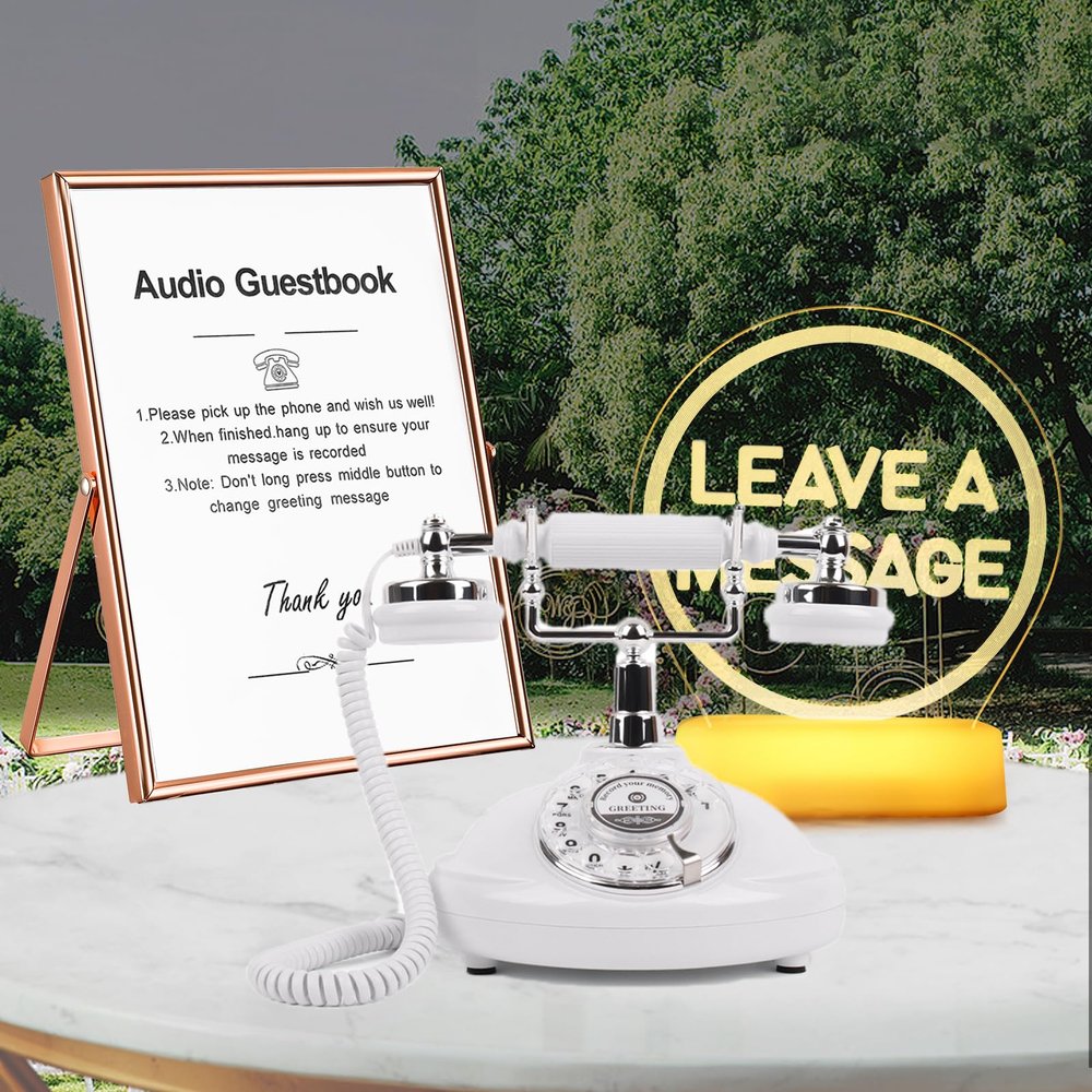 QUOXO Audio Guestbook Phone with LED Light and A5 Photo Frame, Guestbook Audio Retro Phone is The Perfect Addition to Wedding Ideas or Party Notes with Custom Guest Voice Messages (White)