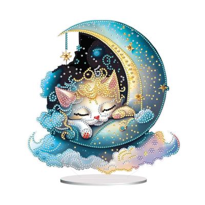ARTopet DIY Diamond Desktop Ornament Special Shaped Crystal Acrylic Diamond Art Painting Tabletop Ornaments Single Sided Diamond Home Decor-Moon Cat01