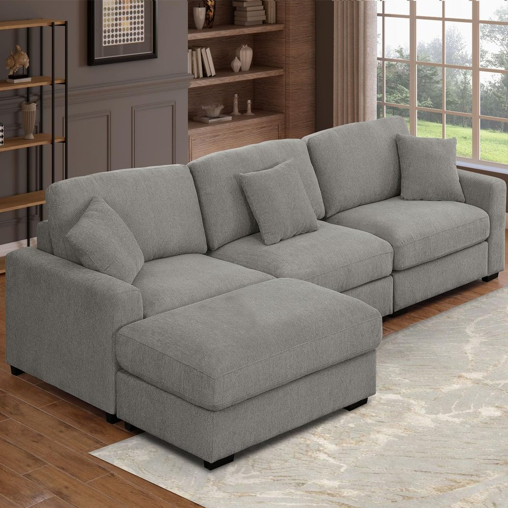 130 Inch Sectional Couch Modular Sofa with Ottoman Cloud Like Comfort 3 Seater Oversized Cloud Couch with Extra Large Chaise Chenille Fabric L Shaped Home Sofa for Living Room,Apartment(Gray)