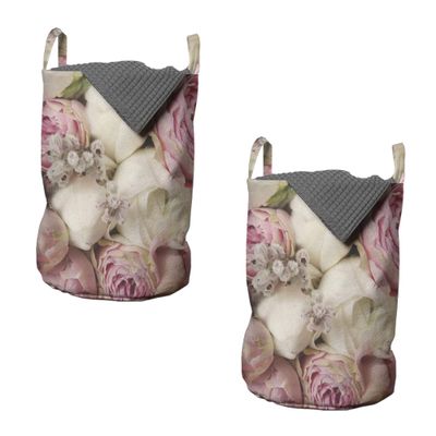 Ambesonne Flower Laundry Bag Pack of 2, Wedding Corsage Arrangement of Roses I Love You Forever Foliage Vintage Themed, Hamper Basket with Handles Drawstring Closure, 13" x 19", Pink Beige