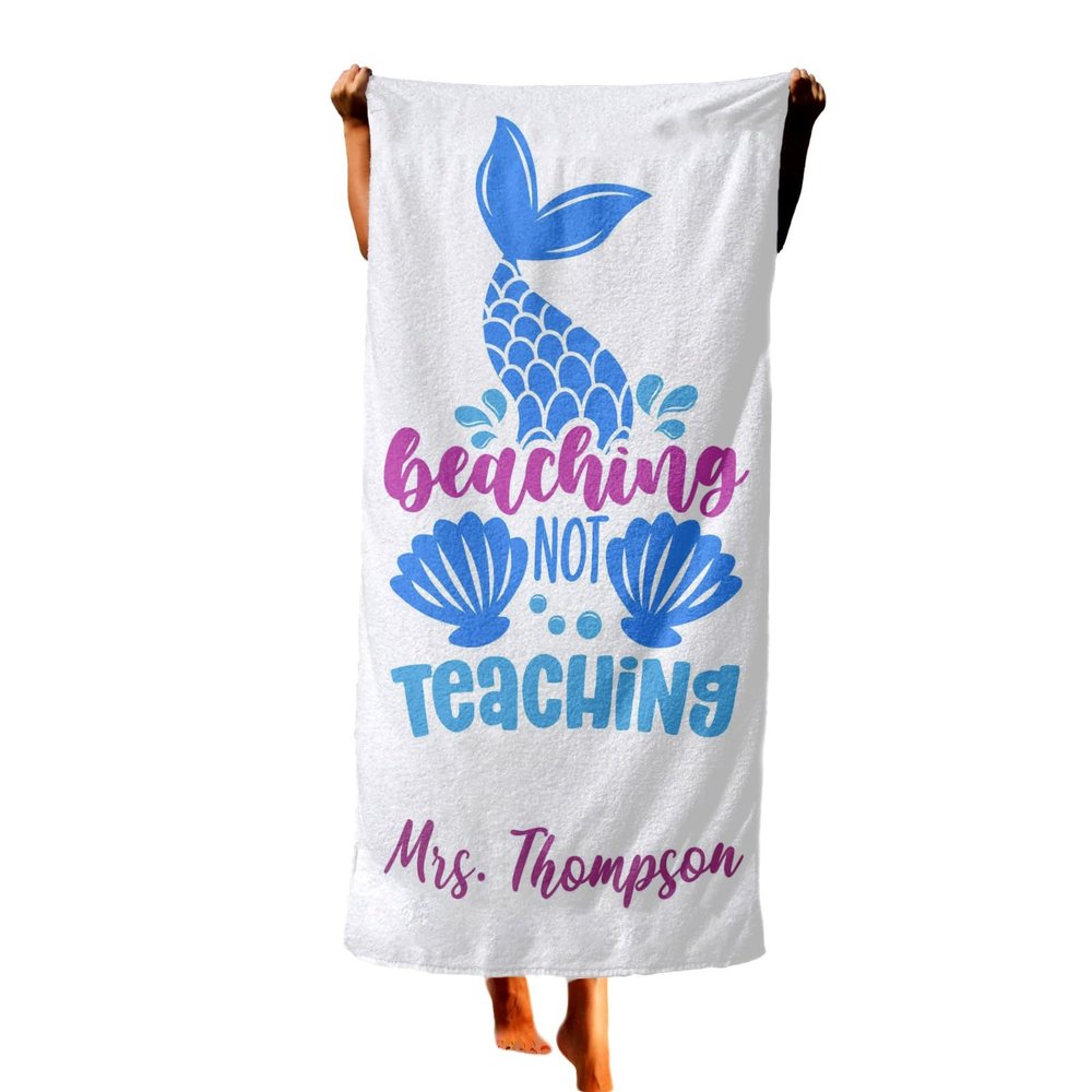 CustAmaze Teacher Beach Towel, Personalized Beach Towels with Names, Beaching Not Teaching Towel, Mermaid Beach Towel 30 x 60, Teacher Gift Ideas, Schools Out for Summer White Pool Towel T171