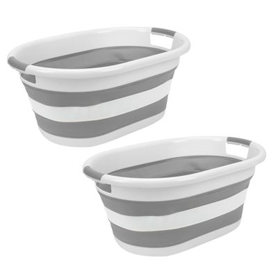 Laundry 360 2pk Collapsible Laundry Basket | Portable | Space Saver Storage | Hold 2 Loads | Store Under the Bed or Closet | Good for Kids | Dorm | Bedroom | Large | White/Grey