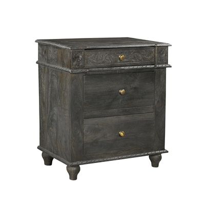 Transitional Style Hand Carved Solid Wood Ash Gray Nightstand With 3-Drawers | Modern Carved Bedside Table | Small Cabinet | Bedroom Table