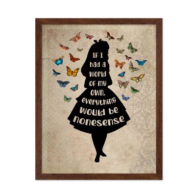 Poster Master Alice Wonderland Poster - If I Had A World Of My Own Print - Butterfly Art - Alice Silhouette Art - Gift for Lady, Girl - Rustic Decor for Bedroom, Girl's Room, 16x20 Brown Framed