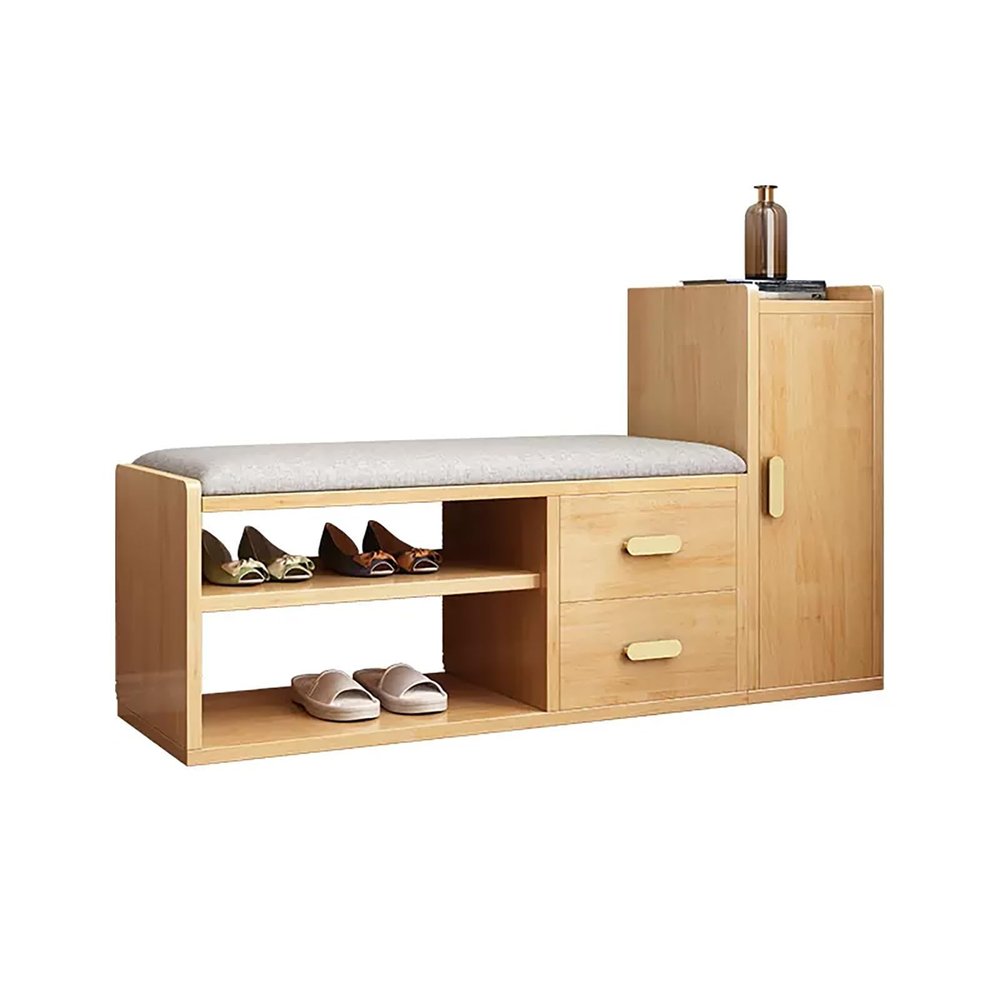 JIAOCKJIAO Shoe Storage Bench with Side Cabinet and Drawers, Shoe Rack Bench with Upholstered Seat, Entryway Shoe Changing Bench with Open and Hidden Storage, for Hallway, Living Room (Color : Natura
