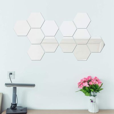 12PCS Mirror Wall Stickers Mirror Wall Decals DIY Removable 3D Geometric Mirror Art Setting Wall Decor for Bedroom Living Room Office Kitchen Home Decoration (Silver)
