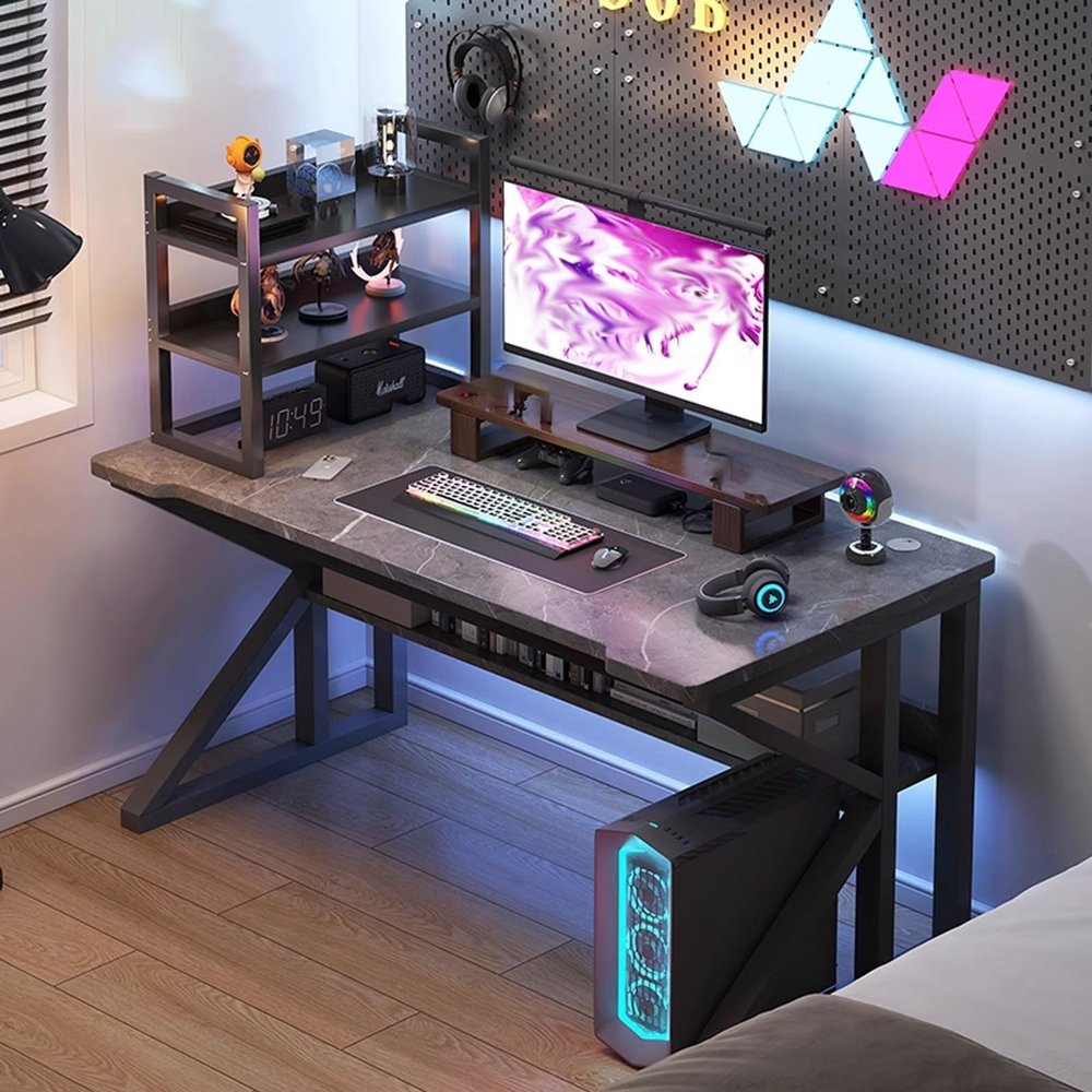 HomeLoft Basics Computer Desk with Shelves, Gameing Desk with Desktop Shelf, K+1 Type Table Legs, Stable, Computer Table for Games, Office Work, Writing, Reading, 120cm, Black Stone Texture