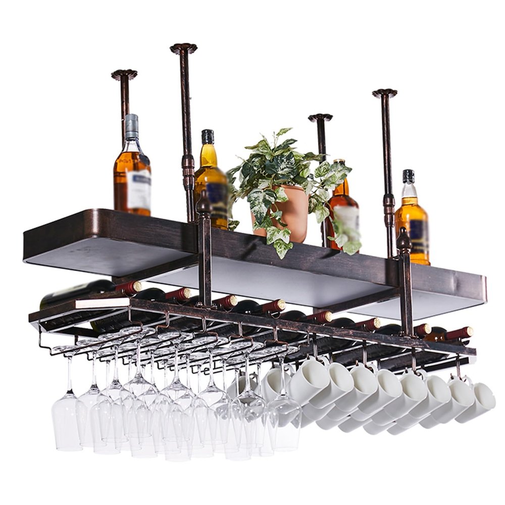Ceiling Wine Glass Rack,Adjustable Hanging Wine Holder Cabinet,Hanging Wine Glass Rack with Light Box,Wine Glass Drying Rack for Dining Room (Color : Bronze, Size : 80cm)